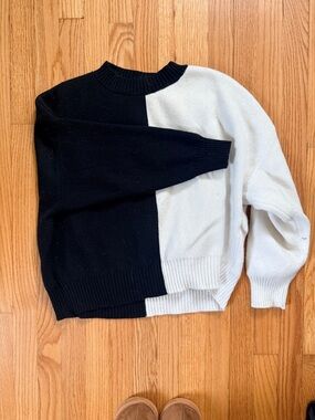 Mango Two-Tone Black and White Crewneck Sweater